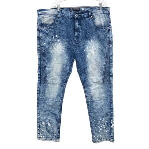 Bleecker Mercer Jeans Acid Wash Moto Paint Splatter Blue Denim Mens 40 x 32 B&M